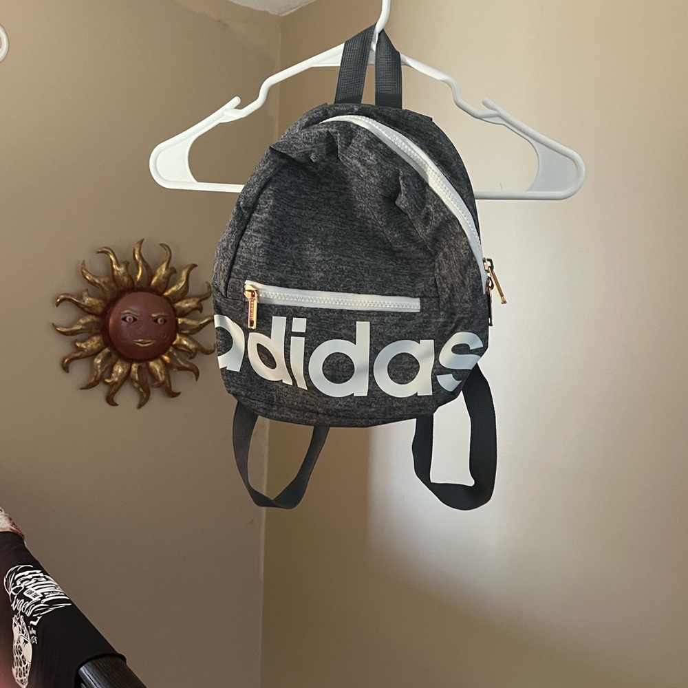 adidas Gray Mini Backpack with White Logo and Gold Zippers